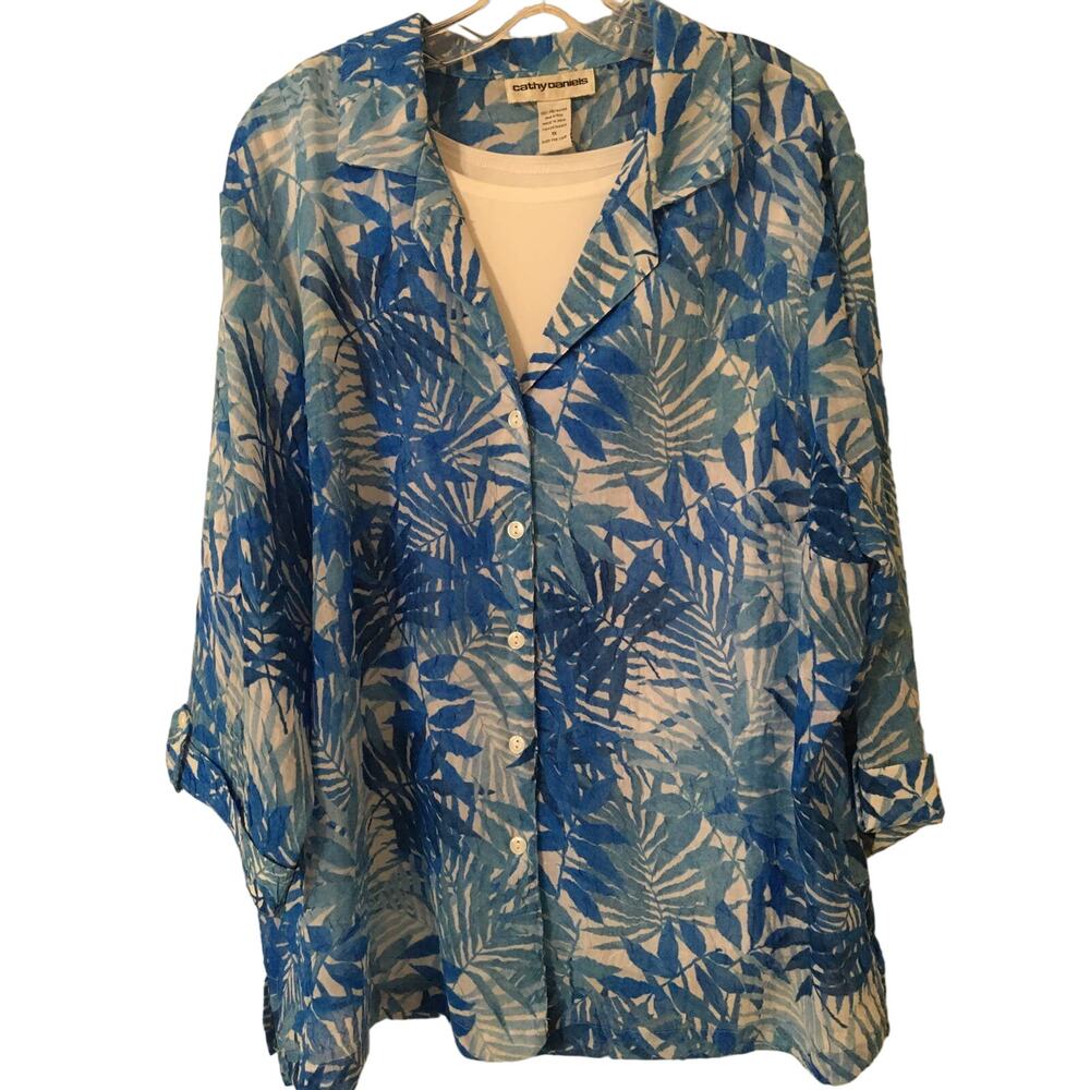 Cathy Daniels 1X White Tank And Sheer Blue & White Button Up Blouse 3/4 Sleeves